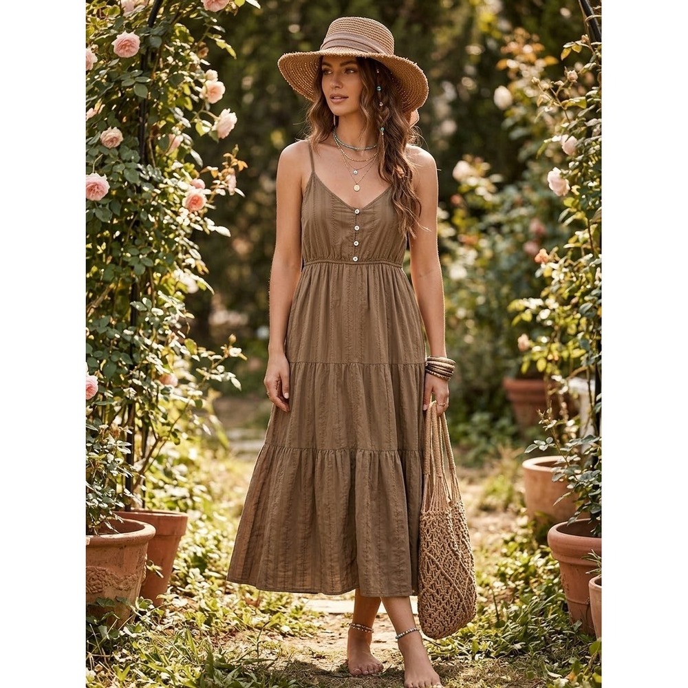 Flag & Anthem Brown Cotton Tiered Midi Dress Pockets Boho Medium